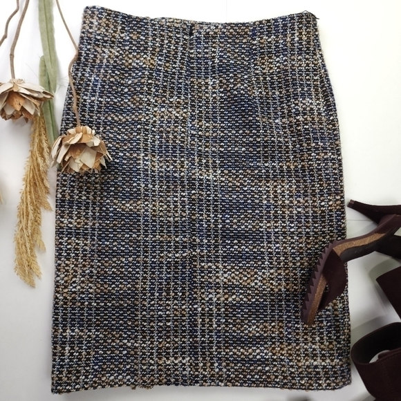 New Halogen Blue Tan Grey Tweed Tassled Skirt Sz 2 - Picture 4 of 11